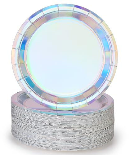 Platos de papel iridiscentes de 9 pulgadas [paquete de 50] Platos redondos desechables para cena, pasteles, ensalada, pizza, plateado, blanco, holográfico, arco iris, decoración de fiesta, suministros