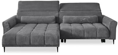 möbelando Wohnlandschaft >Wolve< elektr. Sitzverstellung, 2 Kissen, Cord grau - 277x108x179cm (BxHxT)
