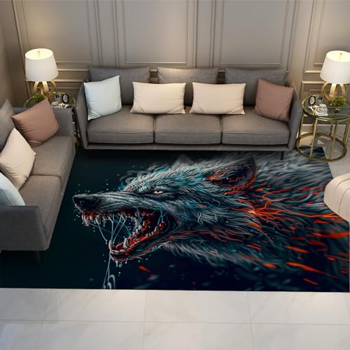 FEIPUHOME Art Anime Design Bereich Teppiche Waschbarer Teppich Anti-Rutsch-Matte für Wohnzimmer Scary Wolf Tiermuster Bereich Teppich Schlafzimmer Esszimmer 180x280cm