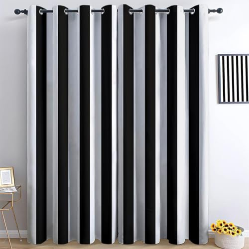 Moderne Blickdichte Gardinen Schwarz Weiß mit Vertikalen Streifen Ösenvorhang Thermo Vorhang Set 2er Pack für Wohnzimmer und Schlafzimmer H 245 x B 100 cm