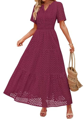 ZESICA Women's Summer Casual V Neck Eyelet Maxi Dresses Fuchsia M
