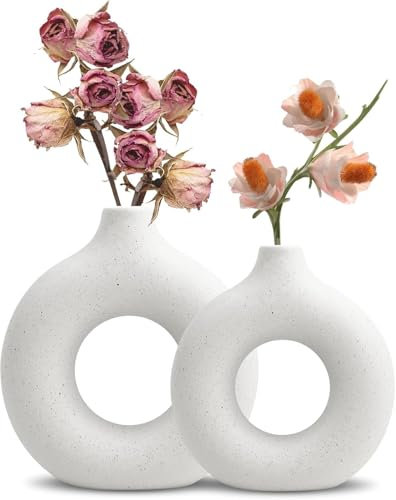 QUTHZZHY Weiße Donut Vase, Keramik Vase für Pampasgras, Moderne Home Decor, Nordic Ring Form Modern Deko, Boho Nordic Vasen, für Wohnzimmer,Flur,Hochzeit,Fenst (Weiß, M+S)