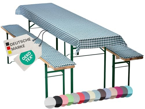 NYVI Bierbankauflagen Set NYVIGala 240x70 cm Grün Kariert - 1x Tischdecke für 220x50 cm Biertische & 2X Gepolsterte Auflage für 220x25 cm Bierbänke - Sitzauflage für Bierzeltgarnitur