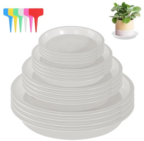 HFDONGL Plant Pot Saucers 16 Pieces Plant Saucers Plastic Thicker Plant Trays with 18 Pieces Label Round Plant Pot Trays for Indoor and Outdoor Plants (12/16/18/21cm, White)
