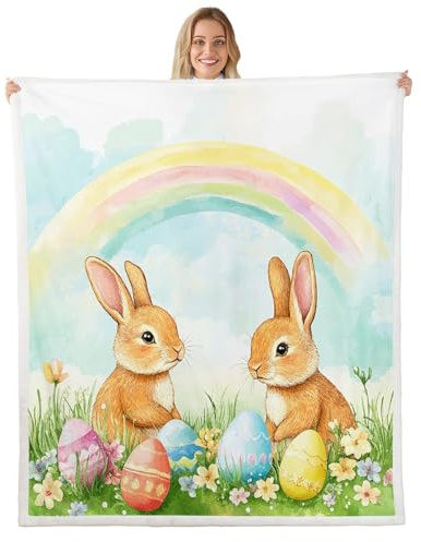 Loussiesd Cartoon Kaninchen Decke 150x200cm Glückliche Ostern Kuscheldecke für Kinder Jungen Mädchen Netter Regenbogen Flanell Fleecedecke Bunte Ostereier Wohndecke Schönes Tier