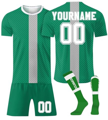 Personalisiert Fußballtrikot Kinder Jugend Erwachsene T-Shirt Shorts&Socks 3 Teiliges Set,mit Team Name & Number Logo Atmungsaktiv Sport T Shirts Trainingstrikots Fantrikot(#E Green)