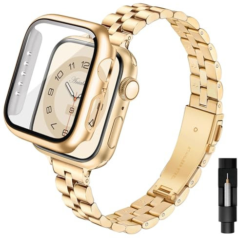 Aniaboho Kompatibel mit Apple Watch Armband 44mm mit Schutzhülle, Ersatz Edelstahl Metall iWatch Armband Damen mit Hülle für Apple Watch SE Series 6 5 4 44mm, Schmuck für Fraue(Gold)