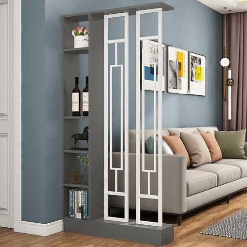 Raumteiler Regal aus Holz mit Stauraum, moderner Raumtrenner mit Holzlamellen und Metallrahmen, freistehender Paravent mit Regalböden für Wohnzimmer, Flur, Büro, Studio(Gray+White,80CM/31.4IN)