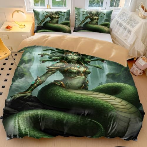 Bio-Gothic Snake Woman Print Duvet Cover Set - Gothic Medusa Microfiber Bedding (1,Queen 90x90in + 20x30in)