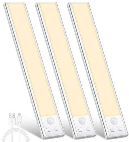 Unterbauleuchte Küche LED 20.5CM, 3 Stück LED Schrankbeleuchtung mit Bewegungsmelder Stufenlose Dimmbar Unterbauleiste Led Leiste Aufladbar Nachtlicht für Küche Spiegelschrank Bücherregal Treppe