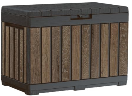 Keter Signature Everwood 50 Gallon Resin Deck Box-Organization and Storage for Patio Cushions, Throw Pillows and Garden Tools, Walnut
