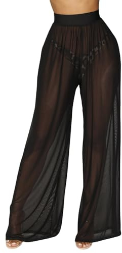 RuiChy Pantalons Transparente pour Femmes Pantalons de Maillage Sheer d'Été Haut Waist Coupe Lâche Casual Pantalons Évasés de Plage Couverture pour Bikini Bas Sexy Club