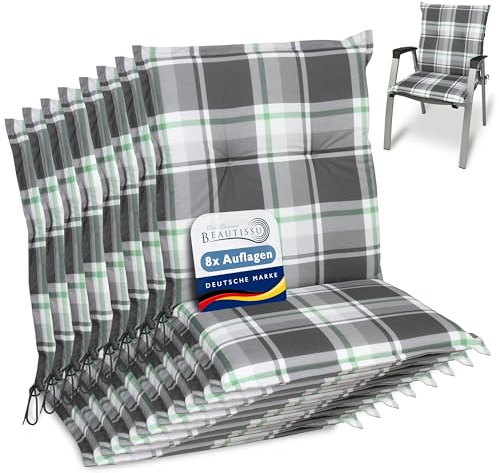 Beautissu 8er Set Niedriglehner Auflagen für Gartenstühle Mintgrün | 100x50cm Kariert Polster bequeme Gartenstuhl Stuhlkissen Polsterauflagen UV-Lichtecht Gartenpolster Sunny MK