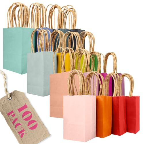 Gcardist 100Pcs Paper Gift Bags with Handles - 4.5×2.5×6 Kraft Mini Party Bags - 16 Solid Colors