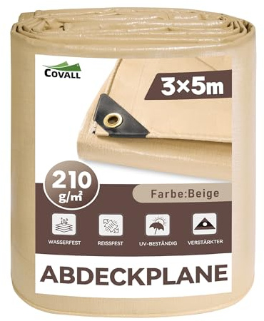 COVALL Schwere Plane 3x5m - 210g/m² Beige wasserdicht Abdeckplane | reißfest, UV-beständig ，mit Ösen, allwetterfest - Verstärkte Abdeckplane für Gartenmöbel, Pool, Holz, Camping & BAU