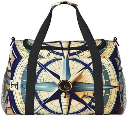 Maritime - Borsone da viaggio con stampa di bussola, spazioso, elegante, con cerniera impermeabile, per aeroplano e palestra