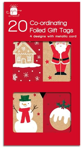 Pack 20 Coordinating Gift Tags Metallic Cord - Traditional Red & Brown Kraft Card - Fully Recyclable Labels with String - Blank Writable Wrapping Christmas Presents