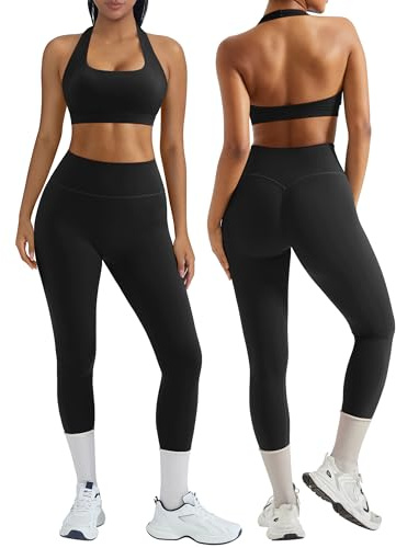 RXRXCOCO Backless Gym Sets Halter Neck Sports Bra Workout Set Hidden Scrunch High Waisted Leggings Gym Clothes for Women Black M