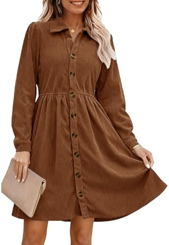 Alaster Queen Women's 2026 Brown Corduroy Dresses Long Sleeve Shirt Fall Button Down Back Tiered Short Work Dress with Pocket