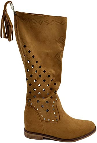 Stivali Donna Estivi Alti Scamosciati Cuoio Morbidi con Zeppa para Interna Traforati con Zip e Frange Retro Moda (40 EU)