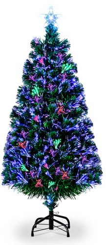 LEADZM Sapin de Noël Artificiel à Fibre Optique coloré, Sept changements de Couleur, 85 Branches Vertes - avec Une étoile au Sommet, Effet réaliste - PVC Ignifuge de Haute qualité, 90cm