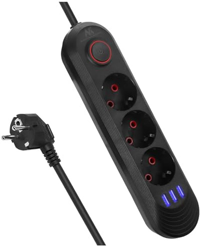 Maclean MCE394/MCE395 Steckdosenleiste | USB 2500W 1,5m | Kompakt mit Schalter, beleuchtete USB-Anschlüsse 45° | Wandmontage (Schwarz, 3 Anschlüsse)