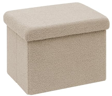 Bonlife Sitzhocker mit Stauraum, Faltbare Sitzwürfel mit Deckel, Fleece Fußbank Truhen Aufbewahrungsbox, Beige, 42x32x32cm