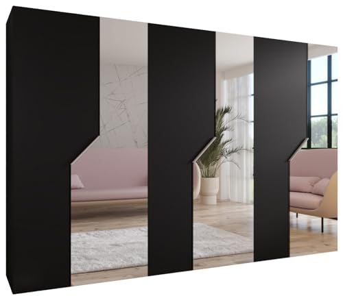 MEBLE KRYSPOL - Kleiderschrank - Garderobenschrank - 300 cm x 202 x 52 cm - Schrank mit Kleiderstange und Spiegel, 6 Türen - für Schlafzimmer, Flur - Andrew, Schwarz, Griff Kaschmir