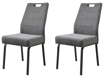 Hela Tische, 2er Set Esszimmerstuhl Elvas, Bezug Webstoff Grau, Komfortsitz FEDERKORB, Lehne ergonomisch mit Griff, Flachrohrgestell, 140kg belastbar