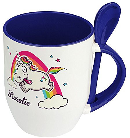 printplanet Löffeltasse mit Namen Rosalie - Motiv Verrücktes Einhorn - Namenstasse, Kaffeebecher, Mug, Becher, Kaffeetasse - Farbe Blau