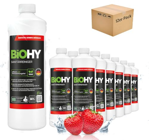 BiOHY Sanitärreiniger Badreiniger Kalkentferner extra stark (12 x 1 Liter) | Gegen Urinstein, Kalk und Seifenreste in Dusche, WC, Fliesen und Armaturen, Konzentrat zum Verdünnen, ergiebig