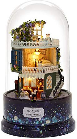 Nikou Puppenhaus - Miniatur DIY Haus Kit Kreativraum Mini Dream House mit Möbeln und Glas, Spieluhr Staubschutz Abdeckung LED-Licht für romantische Kunstwerke & Geschenk des Valentines drehen