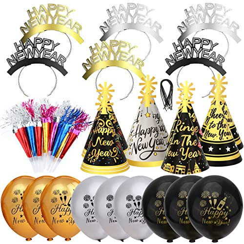 HOWAF Silvester Deko 2025 Party Set, 43pcs Happy New Year Haarreif Silvester Kopfschmuck Partyhüte Silvester Accessories Fotorequisiten Tröten und Luftballons für Kinder Erwachsene Neujahr Partydeko