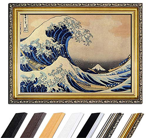 Bild mit Rahmen - Katsushika Hokusai Die große Welle vor Kanagawa 80x60 cm - Gerahmtes Leinwandbild Alte Meister - Antiker Rahmen Gold Barock, Klassisch