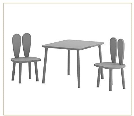 Nordville Rechteckige Kinder Sitzgruppe Häschen Rückenlehne Buchenholz Kinderzimmer Spielzimmer Schlafzimmer - Set 2 Kinderstühle Junge Mädchen + Tisch (Hase, Grau)