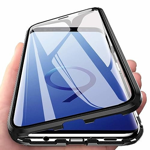 Magnetische Handyhülle kompatibel mit Samsung Galaxy S9, Magnethülle mit Displayschutz, gehärtetes Glas, transparent/schwarz