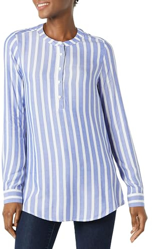 Amazon Essentials Blouse Tissée à Manches Longues Femme, Bleu Rayures, XXL