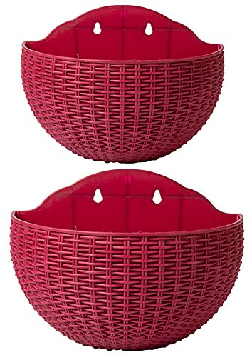 SENCC Lot de 2 Pots de Fleurs en Imitation rotin à Suspendre au Mur, en Demi-Cercle avec Trou de Drainage et Crochets, Panier à Suspendre en Plastique pour Balcon, clôture (vin Rouge)