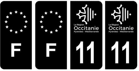 HADEXIA Nummernschild-Aufkleber, französisches Departement 11, AUDE Region Okzitanien, Schwarz und F, Frankreich, 4 Stück