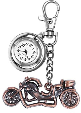 JewelryWe Motorrad Karabiner Uhr mit Schlüsselanhänger: Rotbronze Karabineruhr Taschenuhr mit Halbjäger Motorrad Anhänger Vintage Analog Quarz Clip Uhr Steampunk Biker Geschenk für Herren Damen