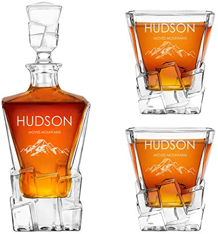 Maverton Personalised Whiskey Decanter and 2/4/ 6 Glasses for Man - Elegant Whiskey Set with Engraving - Ice Cubes Model - Stylish barware for Birthday - for Whisky connoisseurs - Mountains