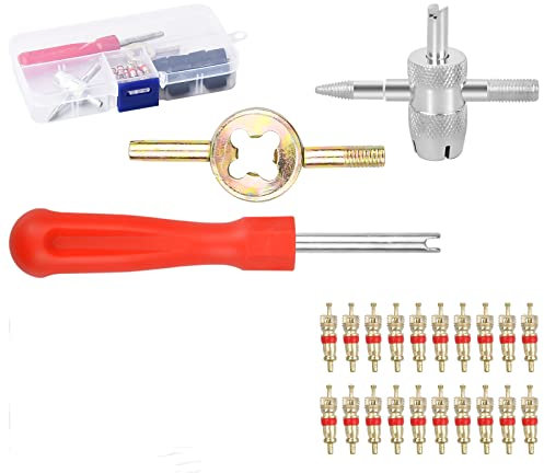 33 Pcs Juego de Núcleos Válvula, 20 Pcs Obús Válvula Cobre, 10 Pcs Tapas Válvula de Neumático, 4 en 1 Herramienta Válvula, Herramienta de Reparación, Llave Núcleo de Válvula, para Coche Moto Bicicleta