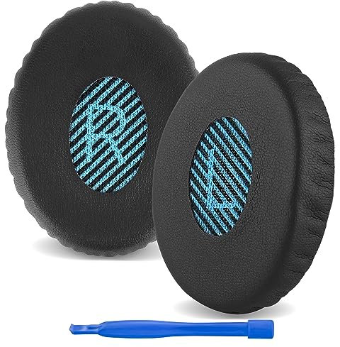 Linkidea Cuscinetti di ricambio compatibili con Bose On-Ear OE2, OE2i, SoundTrue, SoundLink On-Ear (OE), cuscinetti auricolari (pelle proteica/maglia nera-blu)