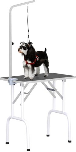 PawHut 32 Foldable Dog Grooming Table Pet Drying Beauty Table Adjustable Fixed Arm Rubber Top, Black