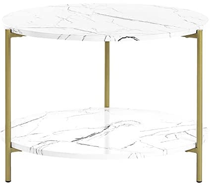 Beliani Couchtisch Marmor Optik weiß Metallbeine Gold rund 60 cm mit Regal Glamour Reva