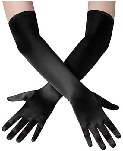 Papoopy Lange Opernhandschuhe für Frauen 1920er Teeparty, Hochzeit, Cosplay, Bridgerton Kostüm Kleid, Satin, Schwarz, Standard