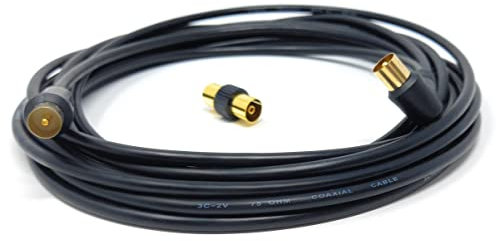 DRUT 5m TV RF Right Angle Male to Male Aerial Antenna Coaxial Cable With Female to Female Coupler Gold Connectors 75 ohm, 3C2V (16.5ft, Black)
