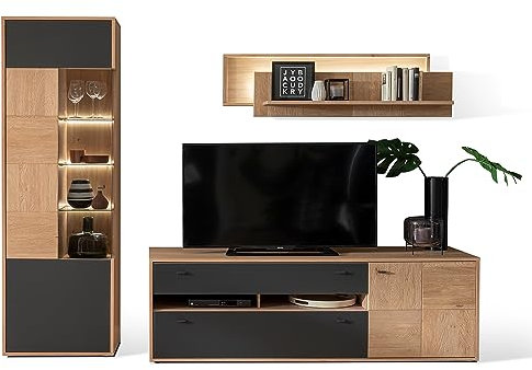 Lomadox Wohnwand Anbauwand Eiche Bianco teilmassiv 3-teilig Modern, 1 Vitrine, 1 Wandboard, 1 TV-Lowboard