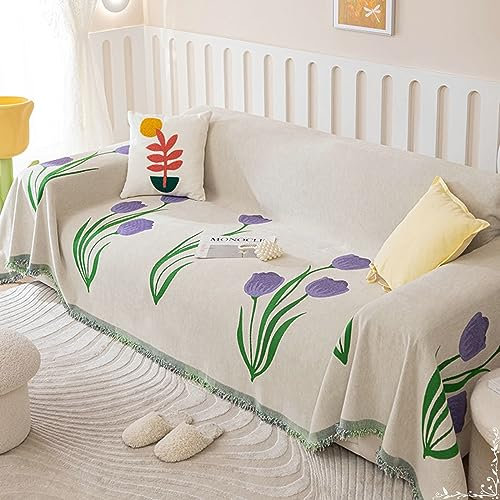 Homxi Sofabezug 1 Sitzer,180x130CM,Bezug Sofa Blumenmuster mit Quasten Sofahusse Chenille Sofa-Handtuch Lila Sofabezüge