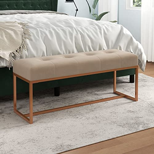 LAPOOH Sitzbank Beige 110x36x45 cm Samt, Flur Möbel, Sitzbank Esszimmer, Bettbank, Flur Deko, Sitzhocker, Truhenbank, Schlafzimmer Möbel, Truhenbank